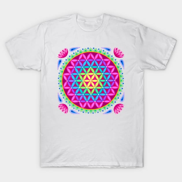 Bright Rainbow Flower of Life T-Shirt by SoozieWray